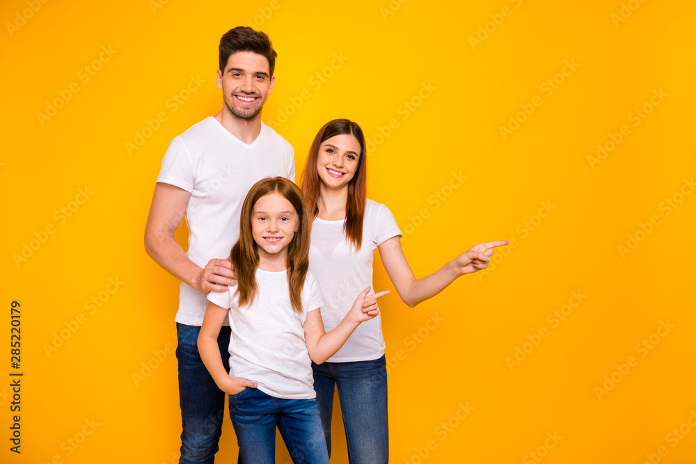 Daddy mommy and small foxy lady indicating arms empty space on sale wear casual outfit isolated yellow background Daddy mommy and small foxy lady indicating arms empty space on sale wear casual outfit isolated yellow background