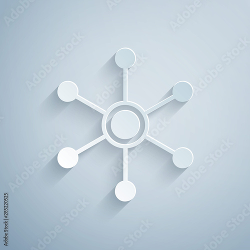 Paper cut Network icon isolated on grey background. Global network connection. Global technology or social network. Connecting dots and lines. Paper art style. Vector Illustration