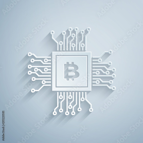 Paper cut CPU mining farm icon isolated on grey background. Bitcoin sign inside processor. Cryptocurrency mining community. Digital money. Paper art style. Vector Illustration