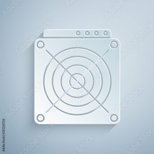 Paper cut ASIC Miner icon isolated on grey background. Cryptocurrency mining equipment and hardware. Application specific integrated circuit. Paper art style. Vector Illustration