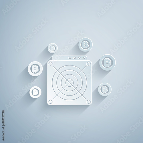 Paper cut ASIC Miner icon isolated on grey background. Cryptocurrency mining equipment and hardware. Application specific integrated circuit. Paper art style. Vector Illustration