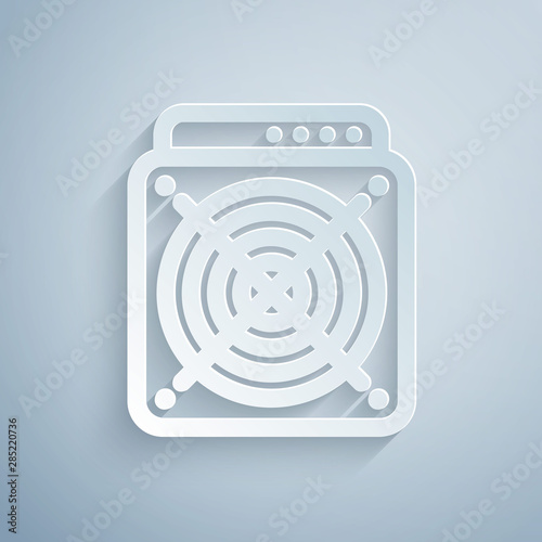 Paper cut ASIC Miner icon isolated on grey background. Cryptocurrency mining equipment and hardware. Application specific integrated circuit. Paper art style. Vector Illustration