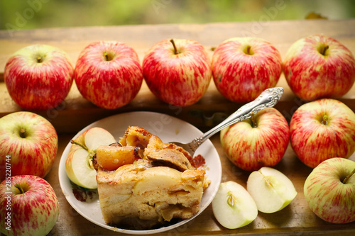 pieces of fresh baked apple pie among raw apples country style still life