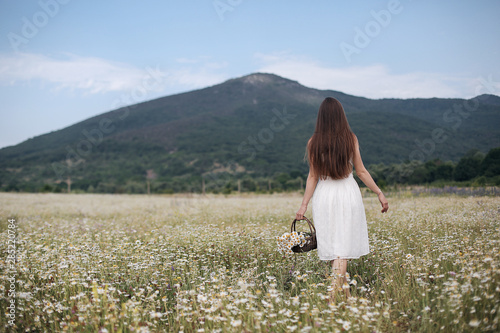 Beautiful girl outdoors with a bouquet of flowers in a field of white daisies,enjoying nature. Beautiful Model with long hair in white dress having fun on summer Field with blooming flowers,Sun Light.