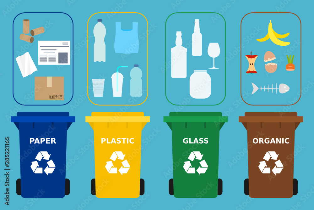 Different colored recycle bins. Different waste suitable for recycling