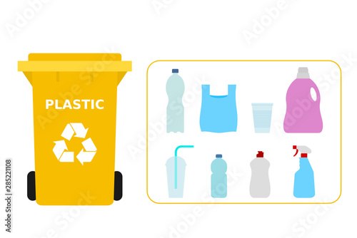 Yellow trash can with plastic waste suitable for recycling. Plastic recycle, segregate waste, sorting garbage, eco friendly, concept. White background. Vector illustration, flat style.