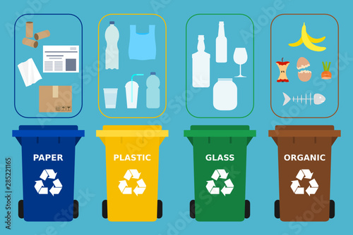 Different colored recycle bins. Different waste suitable for recycling. Paper, plastic, glass and organic garbage. Segregate waste, sorting garbage, waste management.Blue background.Vector Flat style
