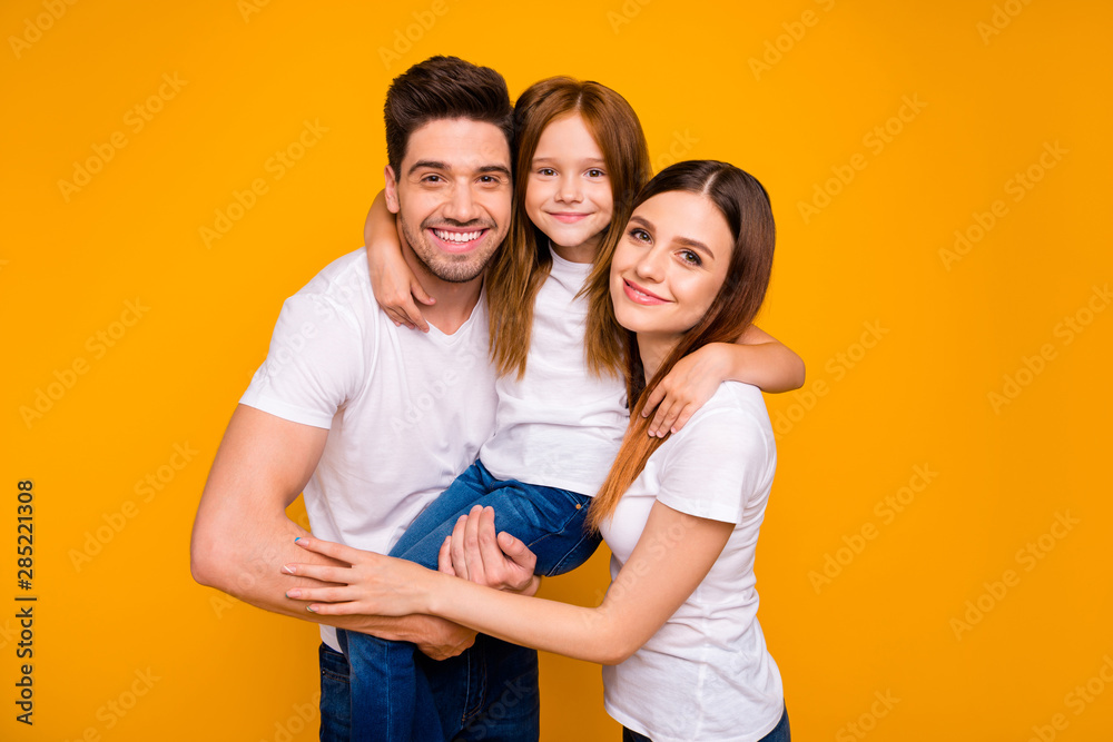 Portrait of three nice attractive charming cute sweet tender kind lovely cheerful cheery glad person embracing having fun day life dream isolated over bright vivid shine yellow background Portrait of three nice attractive charming cute sweet tender kind lovely cheerful cheery glad person embracing having fun day life dream isolated over bright vivid shine yellow background