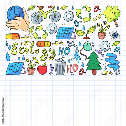 Vector logo  design and badge in trendy drawing style - zero waste concept  recycle and reuse  reduce - ecological lifestyle and sustainable developments icons. Drawing on squared notebook.