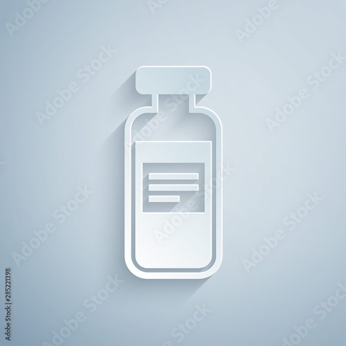 Paper cut Medical vial, ampoule, bottle icon isolated on grey background. Vaccination, injection, vaccine healthcare concept. Paper art style. Vector Illustration