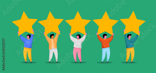 Five stars rating flat style vector concept. People are holding stars. Feedback consumer or customer review evaluation, satisfaction level and critic background.