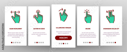 Color Swipe Gesture Touches Vector Onboarding Mobile App Page Screen. Touchscreen Swipe Gesturing. Drag Finger In Various Directions Pictograms Collection. Using Sensory Devices Illustration
