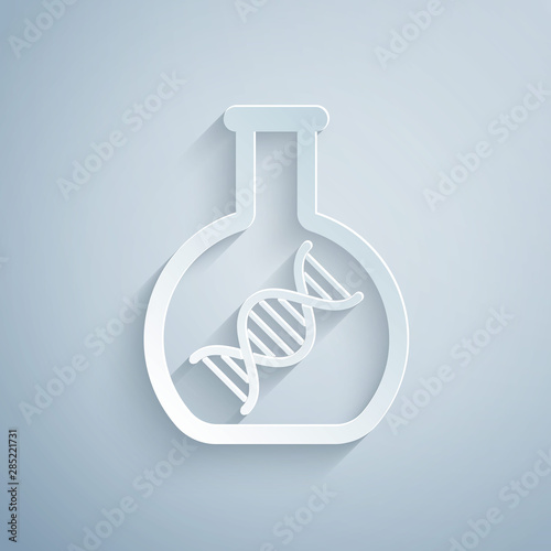 Paper cut DNA research, search icon isolated on grey background. Genetic engineering, genetics testing, cloning, paternity testing. Paper art style. Vector Illustration