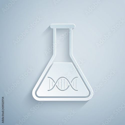 Paper cut DNA research, search icon isolated on grey background. Genetic engineering, genetics testing, cloning, paternity testing. Paper art style. Vector Illustration
