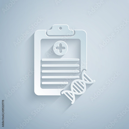 Paper cut Clipboard with DNA analysis icon isolated on grey background. Genetic engineering, genetics testing, cloning, paternity testing. Paper art style. Vector Illustration