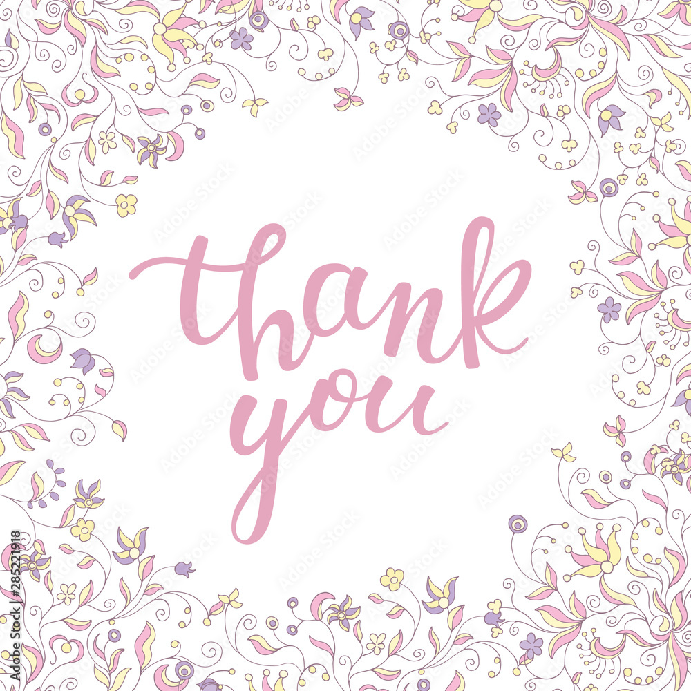 floral frame soft colors and hand lettering thank you