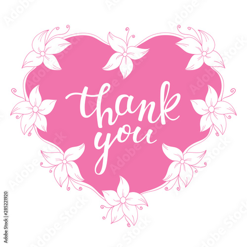 Floral frame in shape of heart with hand lettering thank you
