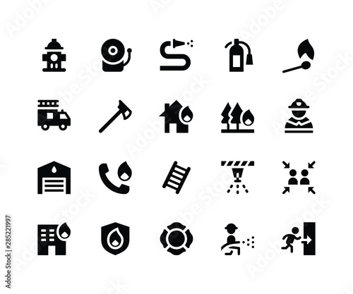 Simple Set of Firefighter Related Vector Glyph Icons. Contains such Icons as hydrant, alarm, hose, extinguisher and More. pixel perfect vector icons based on 32px grid. Well Organized and Layered