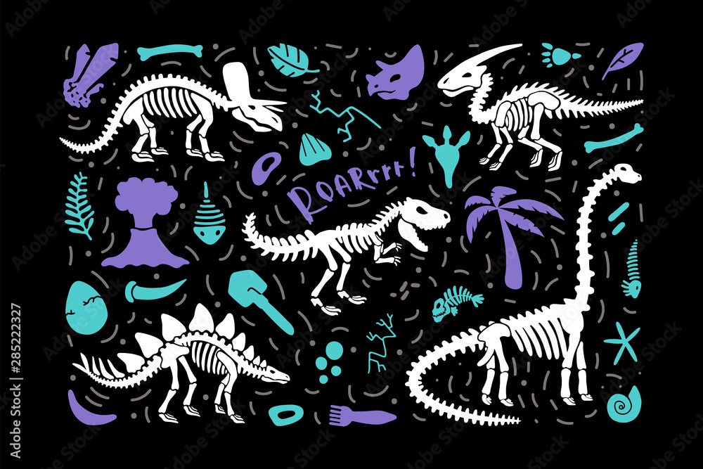 Dinosaur skeleton fossils set diplodocus, triceratops, t-rex, stegosaurus, parasaurolophus, fish Dinosaur skeleton fossils set diplodocus, triceratops, t-rex, stegosaurus, parasaurolophus, fish