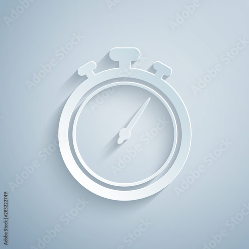 Paper cut Stopwatch icon isolated on grey background. Time timer sign. Chronometer sign. Paper art style. Vector Illustration