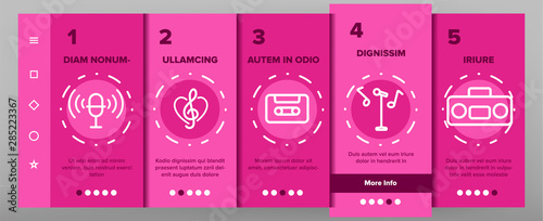 Color Different Singing Icons Set Vector Onboarding Mobile App Page Screen. Singing And Listening Song And Music In Karaoke, Concert, Tape-recorder Or Audiophone. Illustrations