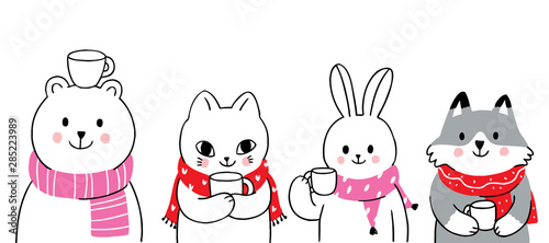 Cartoon cute animals winter, Bear and rabbit and cat and fox drink coffee vector.