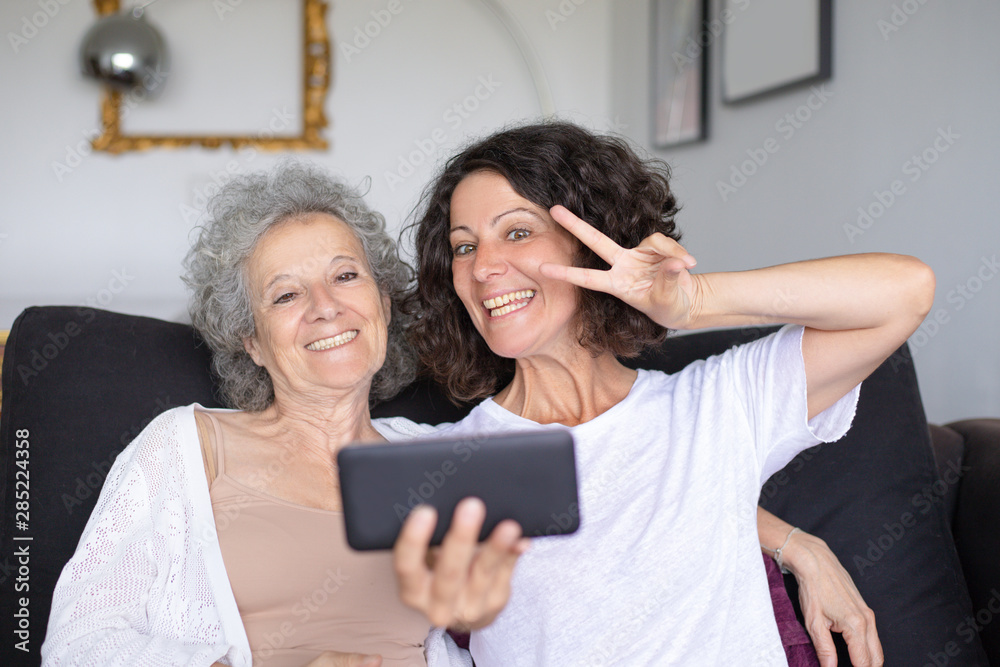 Cheerful mother and daughter taking selfie. Happy senior and middle aged women sitting together on couch and taking selfie with smartphone at home. Technology concept Cheerful mother and daughter taking selfie. Happy senior and middle aged women sitting together on couch and taking selfie with smartphone at home. Technology concept