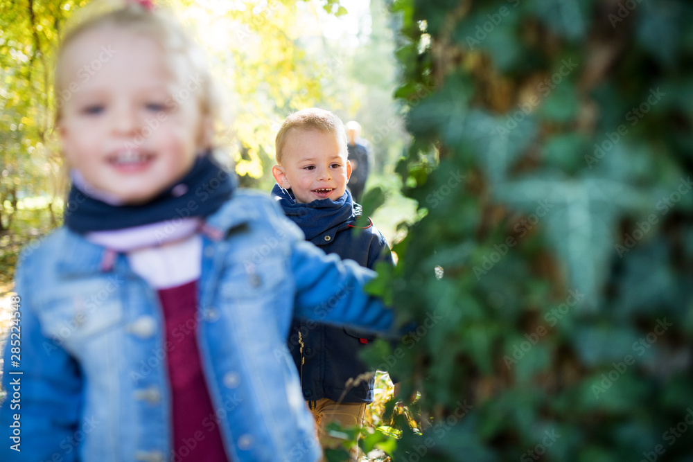 Twin toddler sibling boy and girl with parents on a walk in autumn forest. Twin toddler sibling boy and girl with parents on a walk in autumn forest.