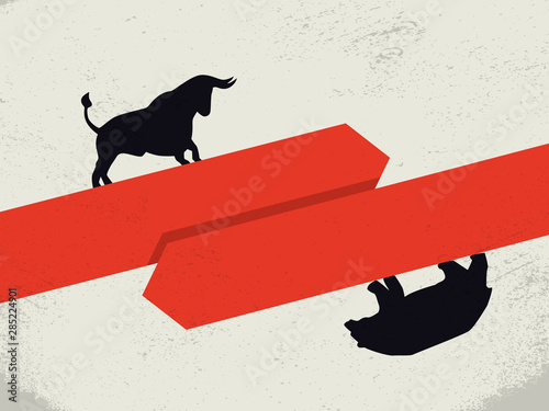 Bear vs bull market vector concept. Symbol of financial markets, stock exchange strategy, buying, selling stock and trends.
