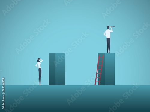 Inequality in corporate business vector concept with businessman and businesswoman. Unequal career opportunities, gender pay gap, injustice and discrimination symbol.