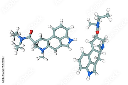 Molecular structure of lysergide (LSD). Atoms are represented as spheres with conventional color coding: hydrogen (white), carbon (grey), oxygen (red), nitrogen (blue). 3d illustration