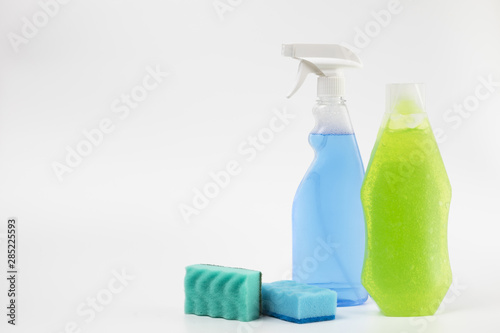 Different cleaning items with white background