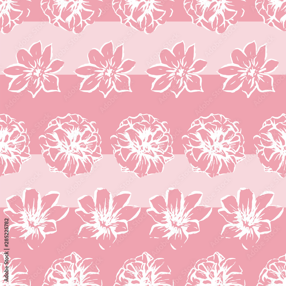Vector flowers on striped background. Pink hand drawn seamless pattern with wild summer flowers. Peach color background.