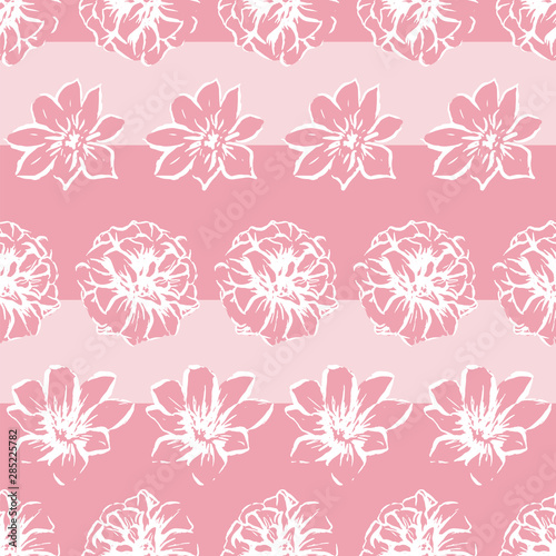 Vector flowers on striped background. Pink hand drawn seamless pattern with wild summer flowers. Peach color background.