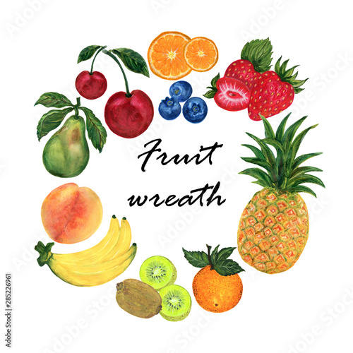 watercolor illustration of different organic fresh fruit foods smoothies peach  kiwi  cherries  pear  pineapple  peach  orange  banana  strawberries  frame banner wreath