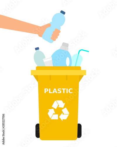 Hand throwing a plastic bottle into a recycle bin. Plastic recycling, segregate waste, sorting garbage, eco friendly, concept. White background. Vector illustration, flat style.