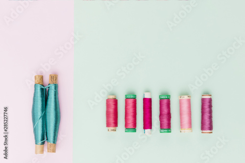 Top view reels of yarn in pastel color