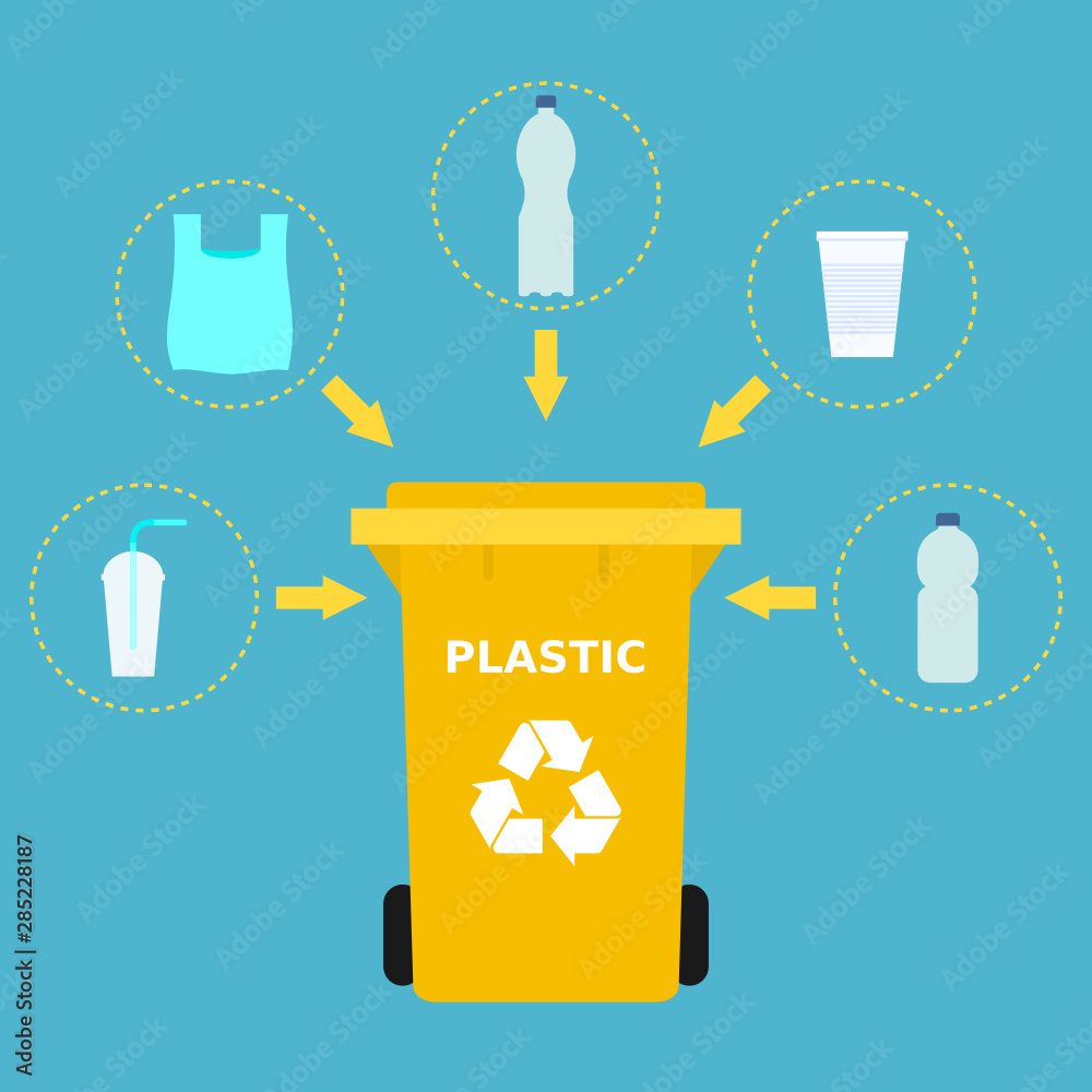 Yellow trash can and plastic waste suitable for recycling. Plastic