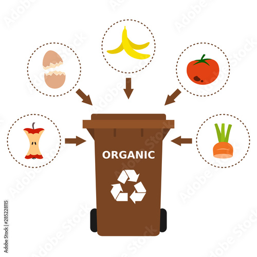 Brown trash can with organic waste suitable for recycling. Recycling organic waste, compost, segregate waste, sorting garbage, eco friendly, concept. White background. Vector illustration, flat style.