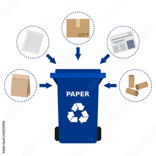 Blue trash can and paper waste suitable for recycling. Paper recycle, segregate waste, sorting garbage, eco friendly, concept. White background. Vector illustration, flat style.