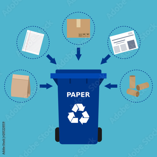 Blue trash can and paper waste suitable for recycling. Paper recycle, segregate waste, sorting garbage, eco friendly, concept. Blue background. Vector illustration, flat style.