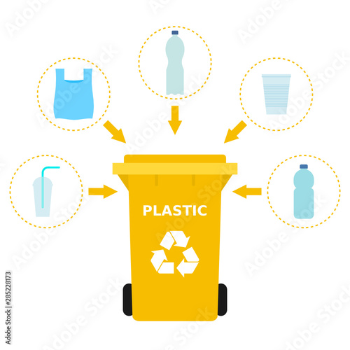 Yellow trash can and plastic waste suitable for recycling. Plastic recycle, segregate waste, sorting garbage, eco friendly, concept. White background. Vector illustration, flat style.