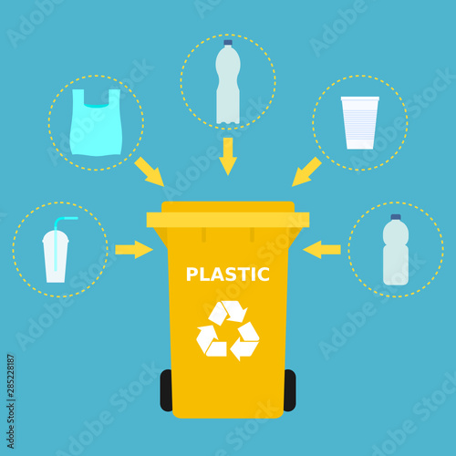 Yellow trash can and plastic waste suitable for recycling. Plastic recycle, segregate waste, sorting garbage, eco friendly, concept. Blue background. Vector illustration, flat style.