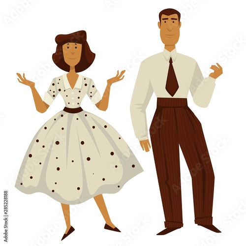 Man and woman in vintage 1950s style clothes, isolated characters