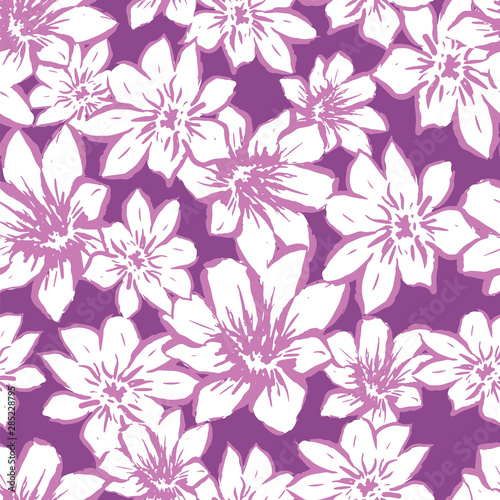 Vector sketched flower print in purple. Hand drawn floral seamless background in white and purple.