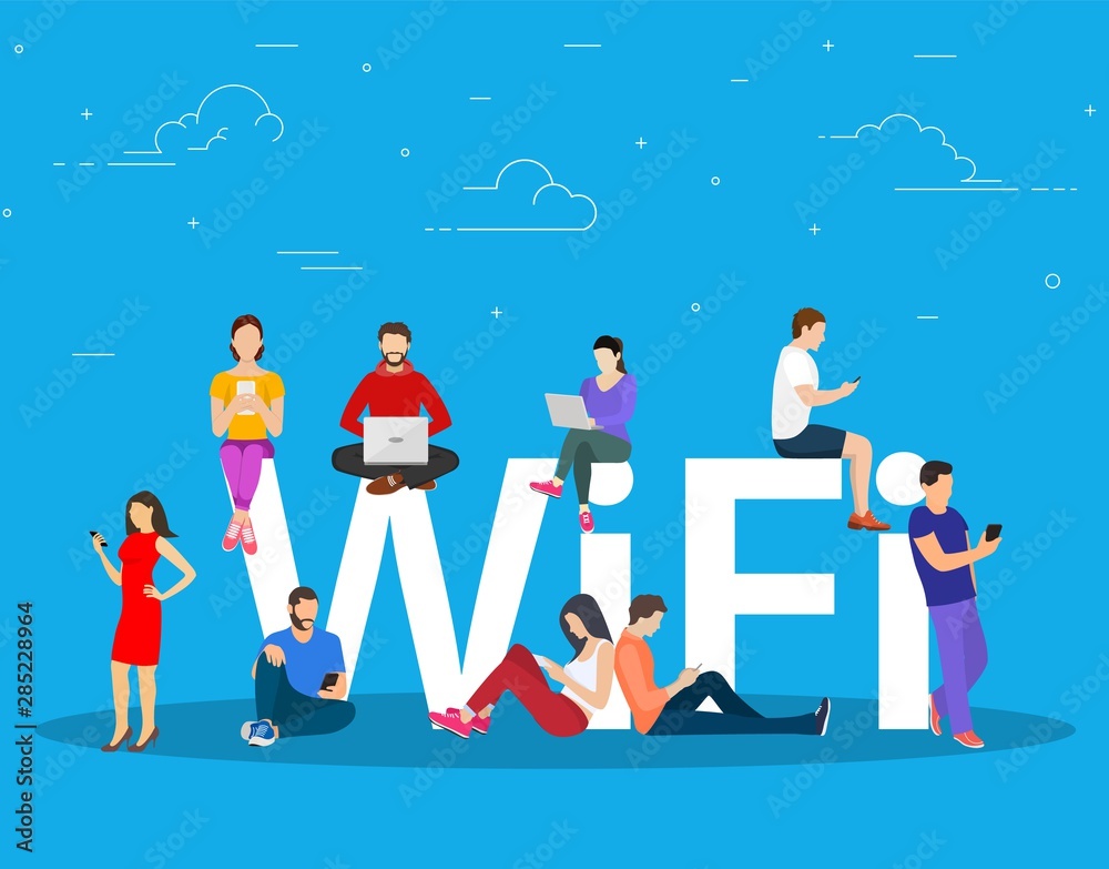 Wi fi giant letters and people. Group of happy diverse men enjoy free area for computers, smartphones, devices. Free wifi hotspot, public assess zone. Vector illustration in flat style. - obrazy, fototapety, plakaty 