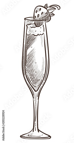 Strawberry and champagne or sparkling wine isolated sketch
