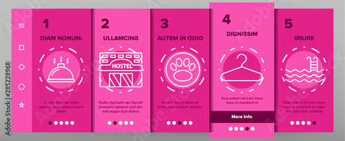 Color Hostel, Tourist Accommodation Vector Onboarding Mobile App Page Screen. Hostel Facilities And Services. Outline Cliparts. Hotel Reservation Pictograms. Hospitality Industry Illustration