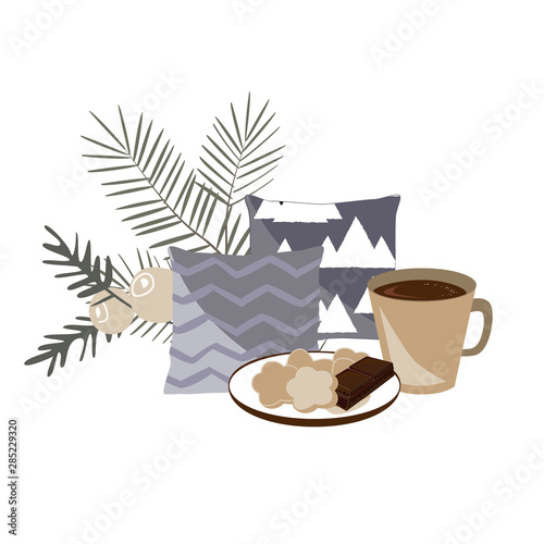 Minimalistic vector composition with cosy pillows, tea pot, cookies, and Christmas tree branches. Time to Hygge concept. Template for cards, scrapbooking, planners, notebooks, clothing