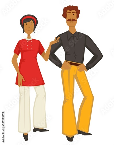 Retro couple, 70s fashion style, man and woman in trousers